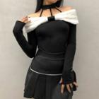 Choker-neck Cold-shoulder Fluffy Panel T-shirt