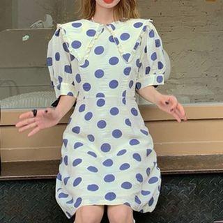 Puff-sleeve Collared Dotted Mini A-line Dress
