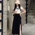 Short-sleeve Lettering Cropped T-shirt / Midi A-line Slit Skirt