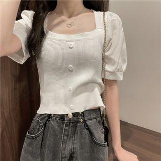 Square Neck Puff Short Knitted Crop Top