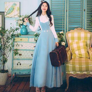 Long-sleeve Contrast-color Maxi Dress