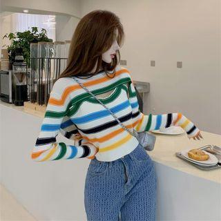 Mock Two-piece Cut-out Striped Knit Top Blue & Black & Yellow - One Size