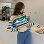 Mock Two-piece Cut-out Striped Knit Top Blue & Black & Yellow - One Size