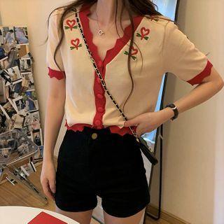 Contrast Trim V-neck Embroidered Cardigan