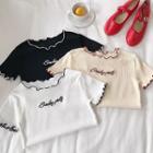 Lettering Embroidered Color-block Knit Short-sleeve Top