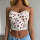 Rose Print Lace-trim Off-shoulder Crop Top