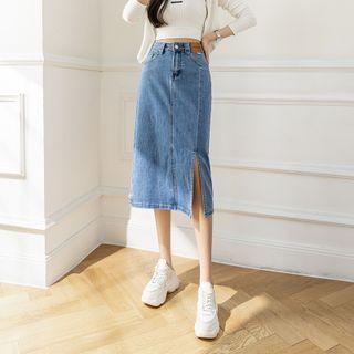 Applique Side-slit Denim Pencil Skirt