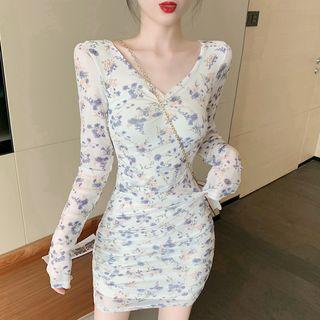 Long-sleeve Mini Floral Sheath Dress As Shown In Figure - One Size