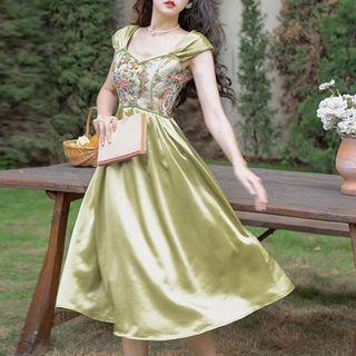 Sleeveless Floral Panel Midi A-line Dress
