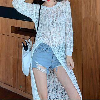 Long-sleeve Slit-hem Long Lace Knit Top White - One Size