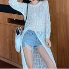 Long-sleeve Slit-hem Long Lace Knit Top White - One Size