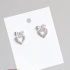 Rhinestone Bow Heart Dangle Earring 1 Pair - Silver Steel - Love Heart - Silver - One Size
