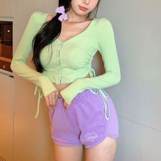 Long-sleeve Drawstring Button-up Crop Top / Sweat Shorts