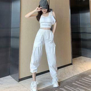 Lettering Cropped Tank Top / Harem Cargo Pants