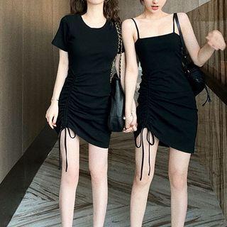 Short-sleeve Plain Drawstring Dress
