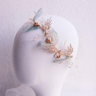 Bridal Rhinestone Leaves Side Hair Clip Headpiece Light Green - One Size