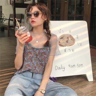 Set: Short-sleeve Mesh Top + Flower Print Camisole