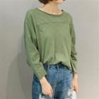 Long-sleeve Plain Cropped Top Green - One Size