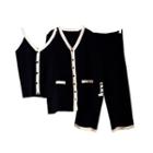 Set: Contrast Trim Knit Camisole + Cardigan + Wide-leg Knit Pants