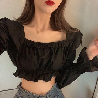 Balloon-sleeve Ruffled Cropped Blouse Black - One Size