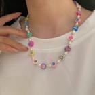 Floral Beaded Necklace Pink & Blue & Purple & Yellow - One Size