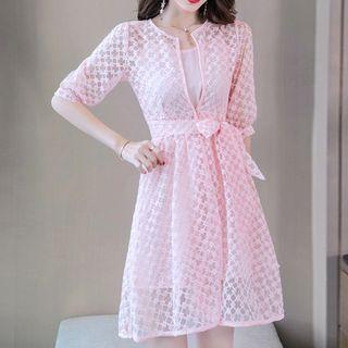 Set: Bow Accent 3/4-sleeve A-line Dress + Slipdress