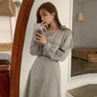 Long-sleeve V-neck Plain Dress As Shown In Figure - One Size
