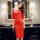 Elbow-sleeve Cutout-side Sheath Dress