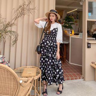 Polka-dot Tiered Maxi Pinafore Dress Black - One Size