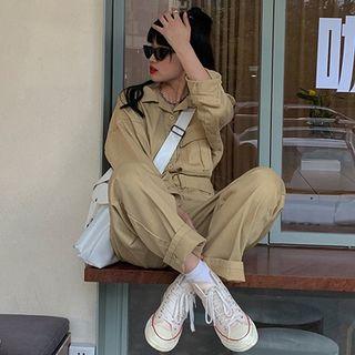 Long-sleeve Buttoned Cargo Jumpsuit Khaki - One Size