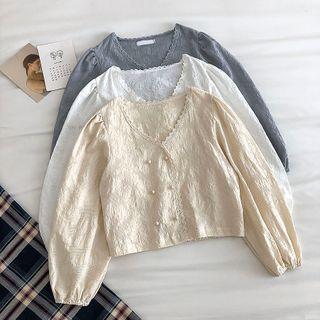 Plain V-neck Lace-trim Long-sleeve Blouse