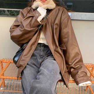 Faux-fur Collar Faux-leather Jacket