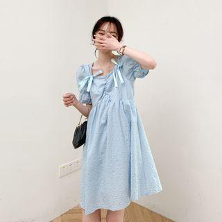 Square-neck Plain Bow Pleated A-line Dress