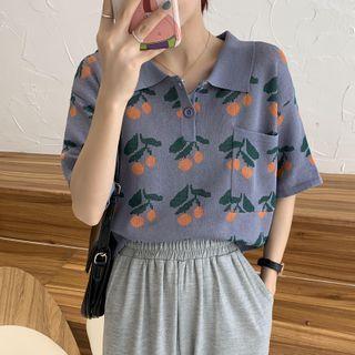 Short-sleeve Orange Print Knit Top