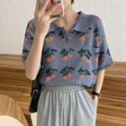 Short-sleeve Orange Print Knit Top