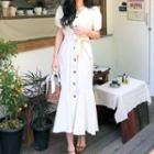 Short-sleeve Buttoned V-neck Mermaid Midi Dress