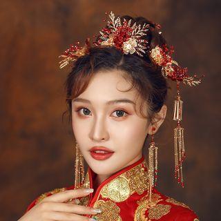Wedding Set: Embellished Branches Headpiece + Fringed Hair Stick + Fringed Earring Headpiece & Hair Stick & Earring - As Shown In Figure - One Size