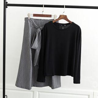 Set: Long-sleeve T-shirt + Striped A-line Midi Skirt