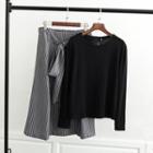 Set: Long-sleeve T-shirt + Striped A-line Midi Skirt