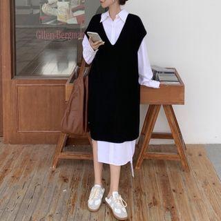 V-neck Long Knit Vest / Midi Shirtdress