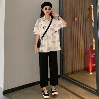 Printed Short-sleeve Shirt / Cropped Wide-leg Pants