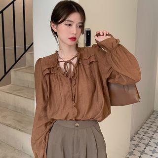 Flared-cuff Ruffle Trim Tie-strap Blouse