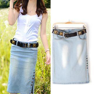 Slit Denim Skirt With Belt