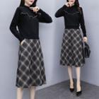 Set: Ruffle Knit Top + Plaid A-line Skirt