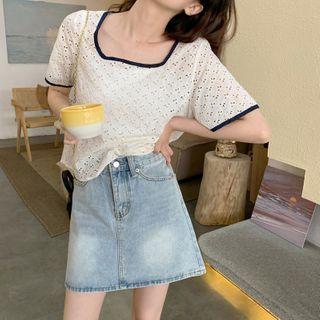 Square-neck Contrast-trim Eyelet-lace Blouse Almond - One Size