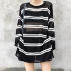 Striped Long-sleeve See-through Knit Top