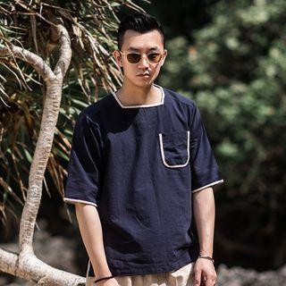 Chinese-style Square-neck Pocket T-shirt