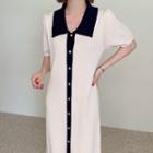 Short-sleeve Collar Two-tone Knit Midi Dress