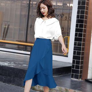 Set: Elbow-sleeve Blouse + Midi A-line Skirt
