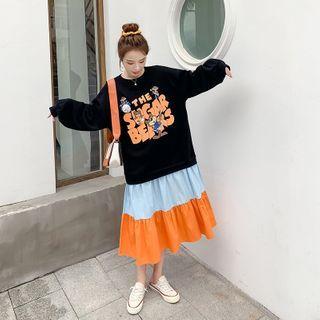 Mock Two-piece Cartoon Print Midi Pullover Dress